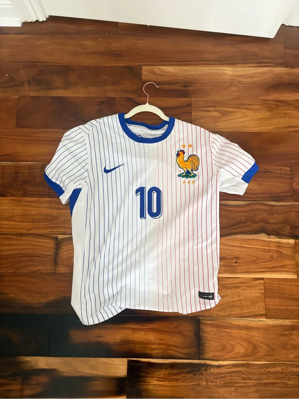 Nike men’s White France Football Jersey with Blue & Red Pinstripes mbappe jersey